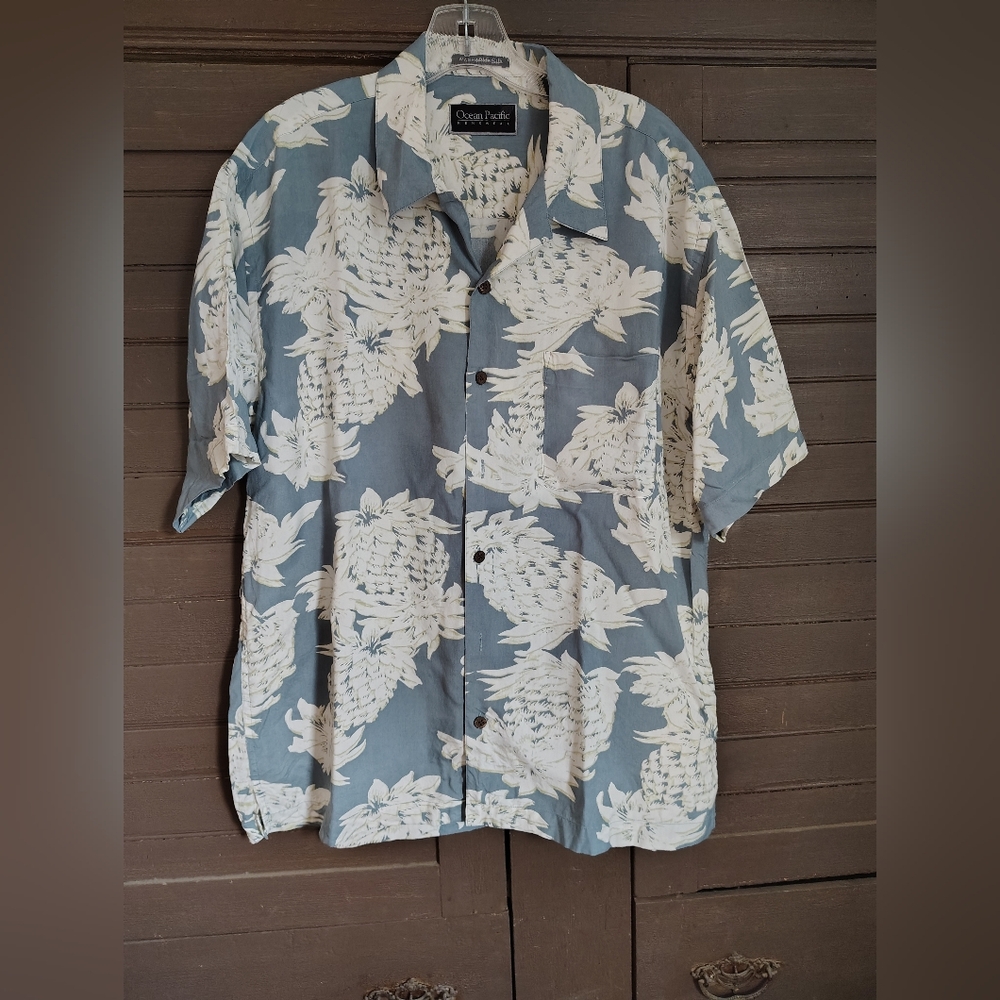 Ocean Pacific Washable Silk Button Down Short Sleeve Shirt Mens Size Large